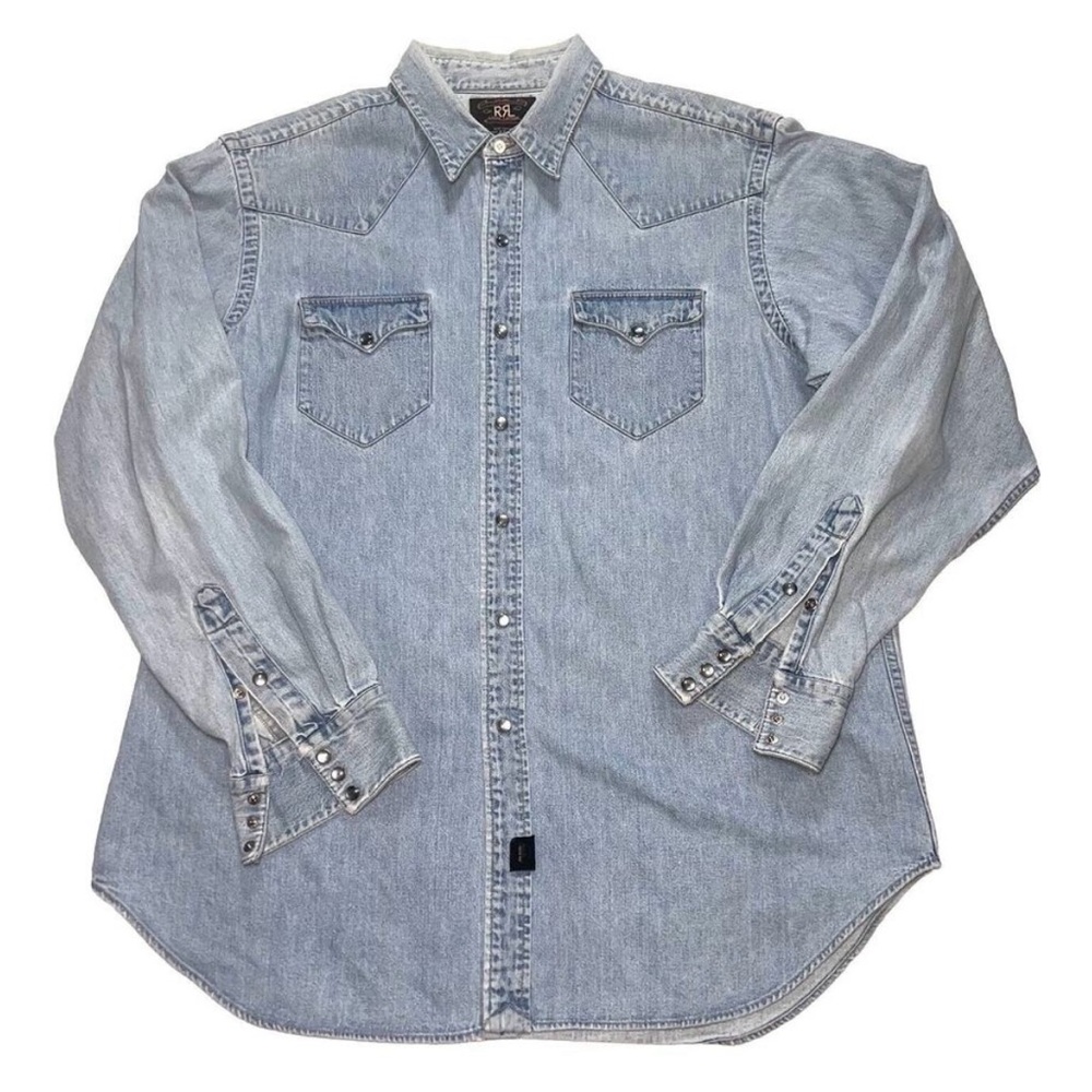 Ralph Lauren Double RRL Denim Shirt Mens Size XL Blue Western Snap Buttons READ